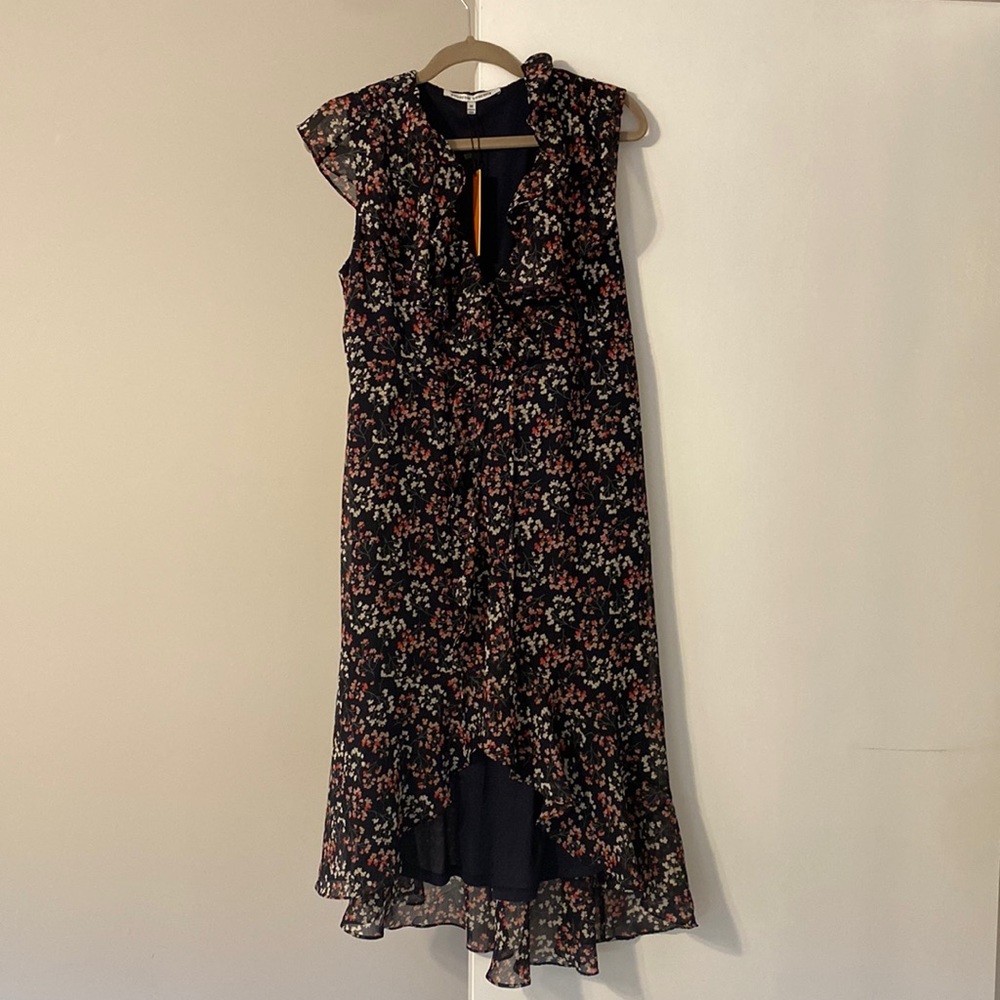 Vici collection. Navy blue and floral pattern high low dress NWT